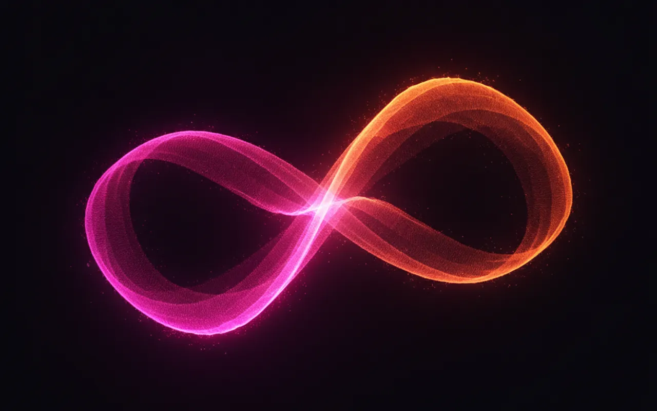 Two ribbons of light, magenta and orange, merging into one strand
